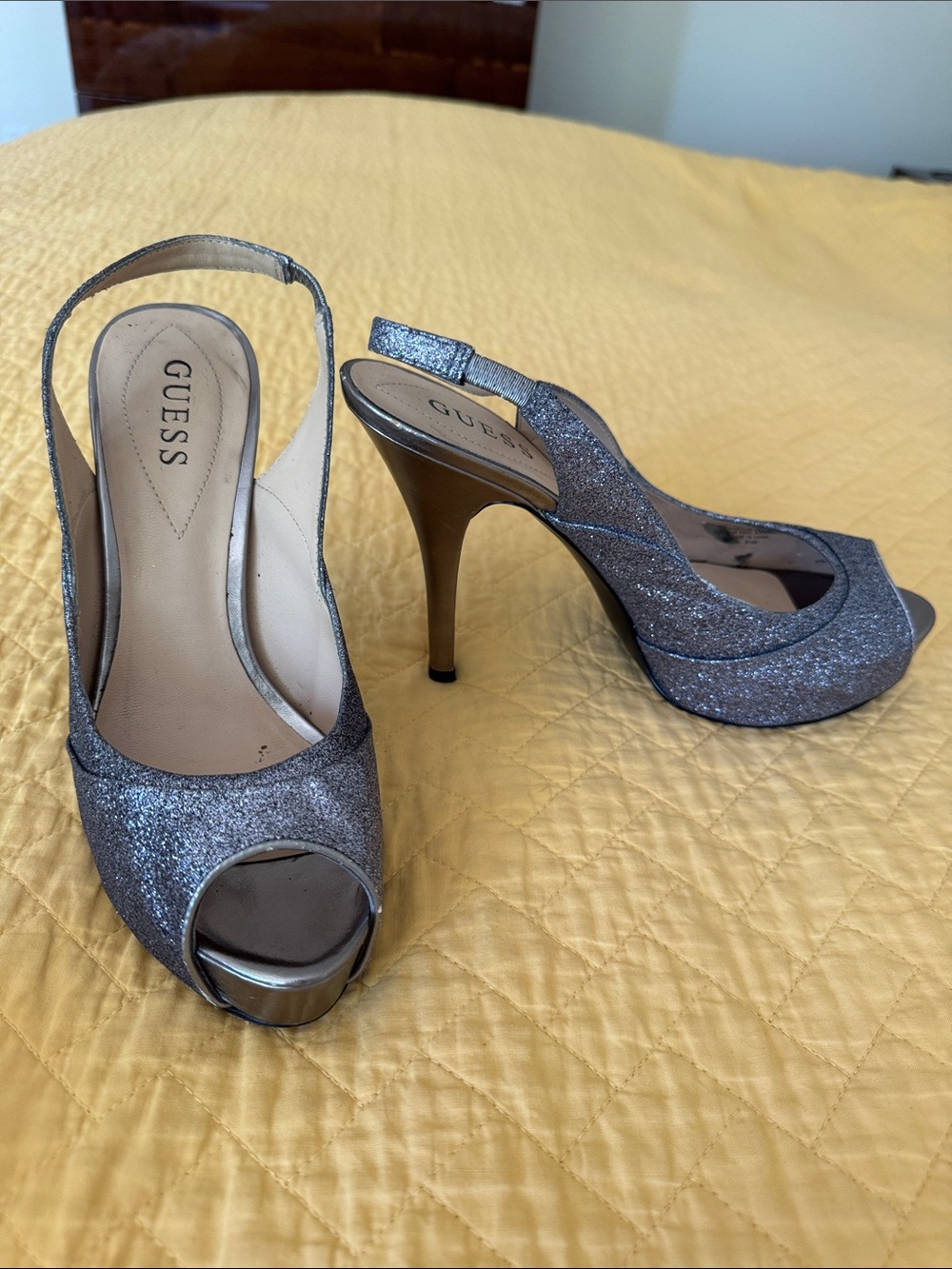 GUESS Pewter Glitter Peep-Toe Slingback Platform Heels
